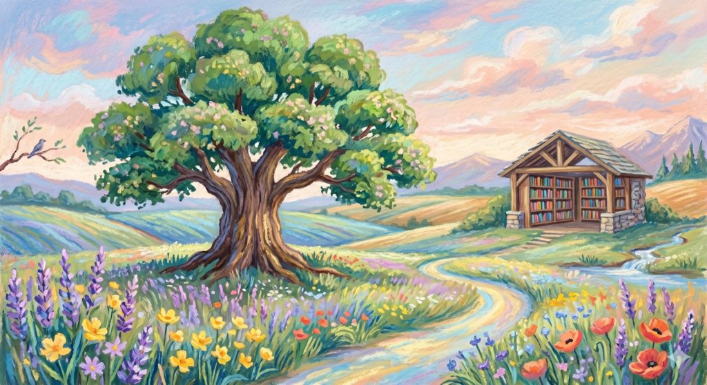 A tree and bookshelf in a flower field